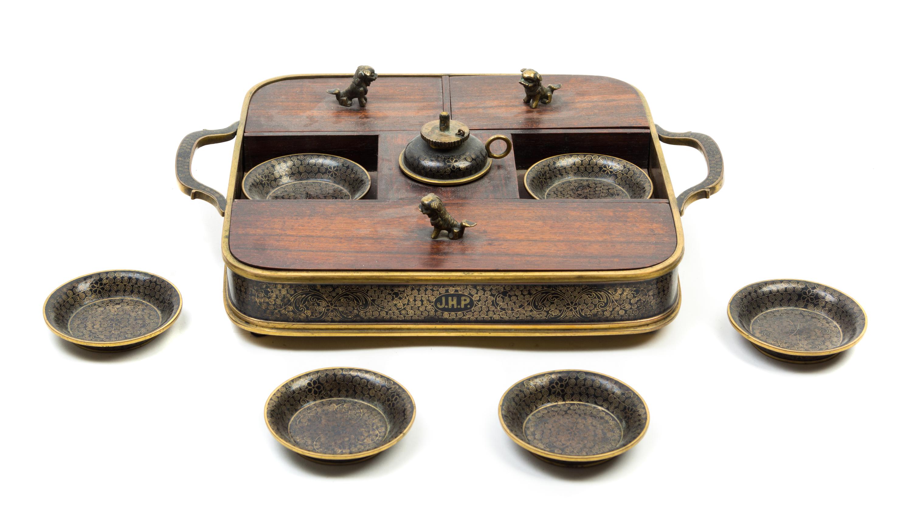 A Chinese Export Cloisonne Mounted Rosewood Smoking Tray Width over handles 12 1/2 inches.