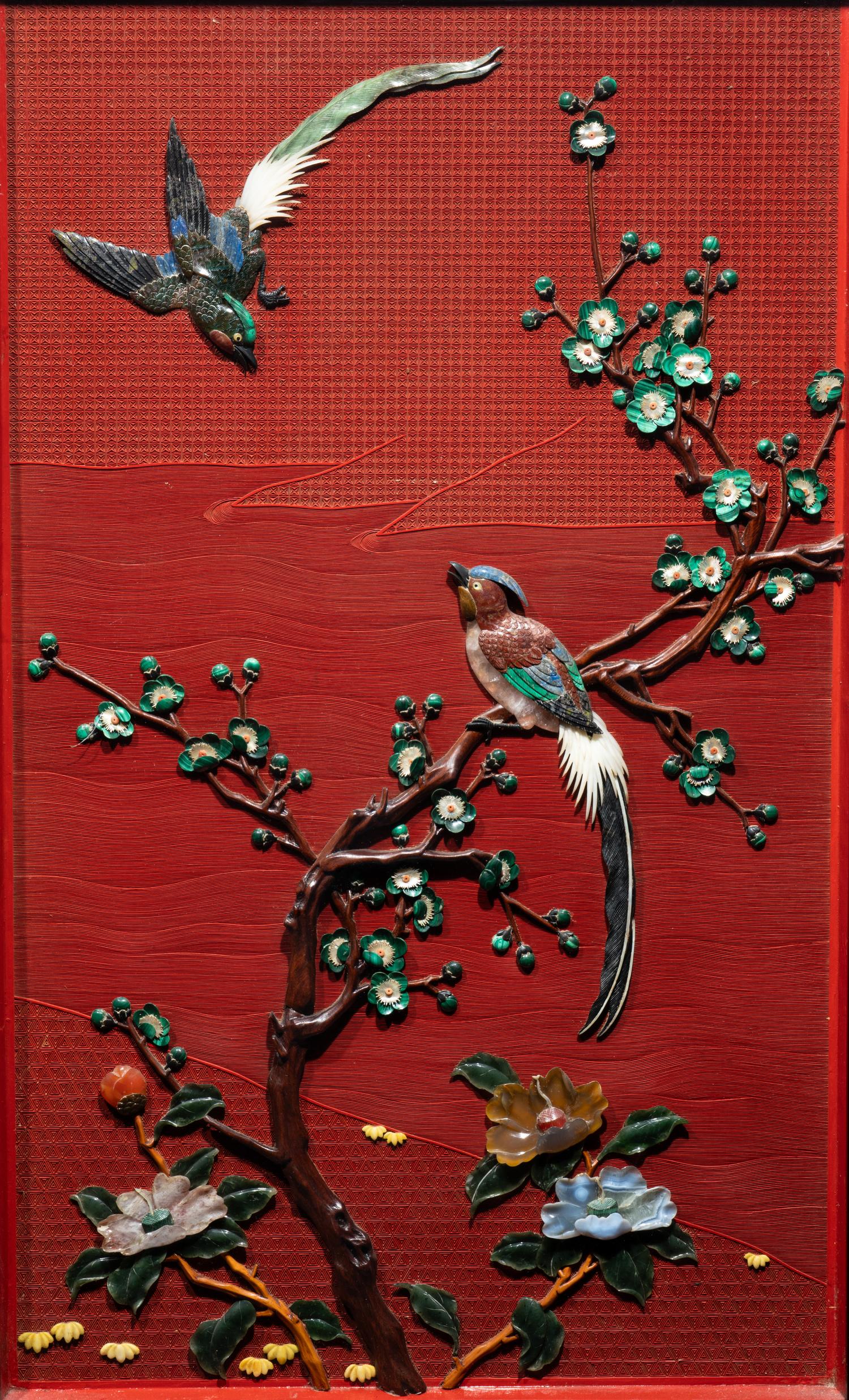 A Pair of Chinese Cinnabar Lacquered Ground Hardstone Inlaid Hanging Screens