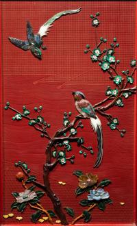 A Pair of Chinese Cinnabar Lacquered Ground Hardstone Inlaid Hanging Screens