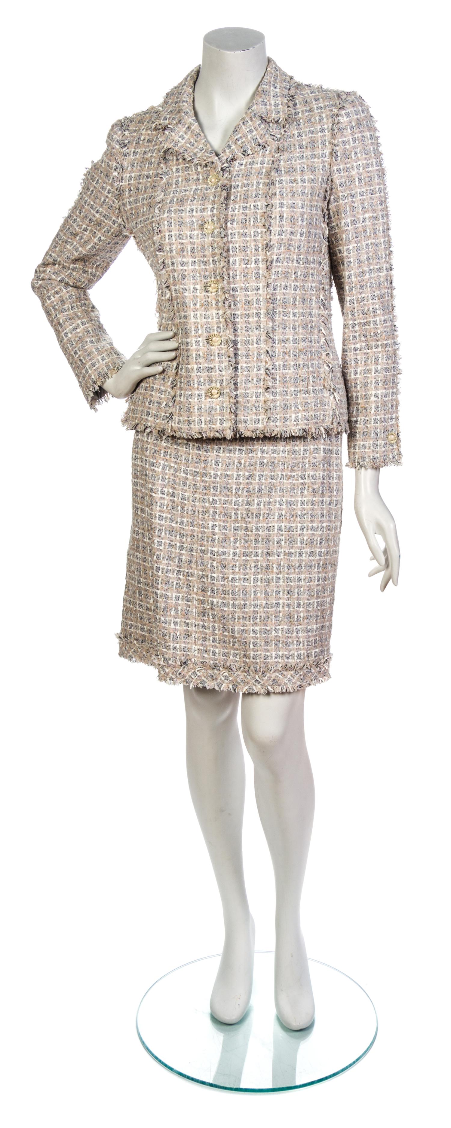 A Chanel Taupe, Pink and Grey Cotton Tweed Skirt Suit, Jacket size 40, skirt size 46.