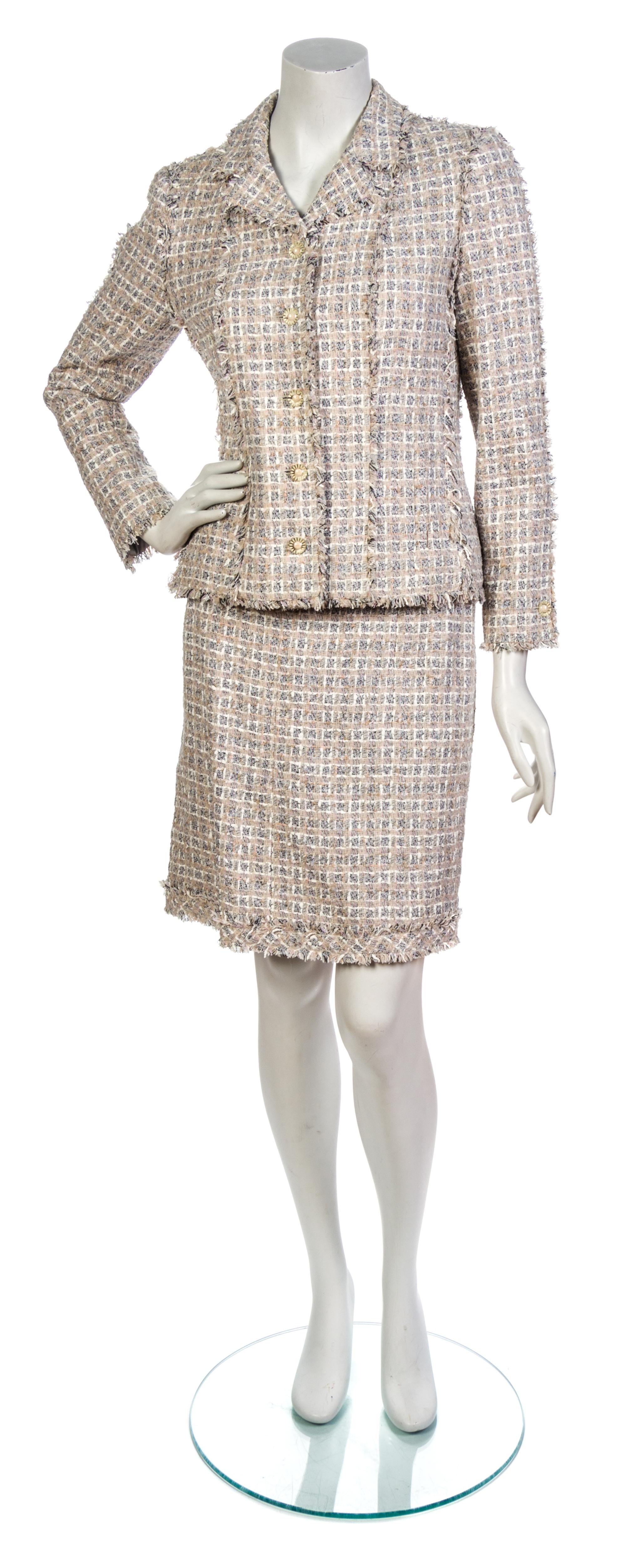 A Chanel Taupe, Pink and Grey Cotton Tweed Skirt Suit, Jacket size 40, skirt size 46.