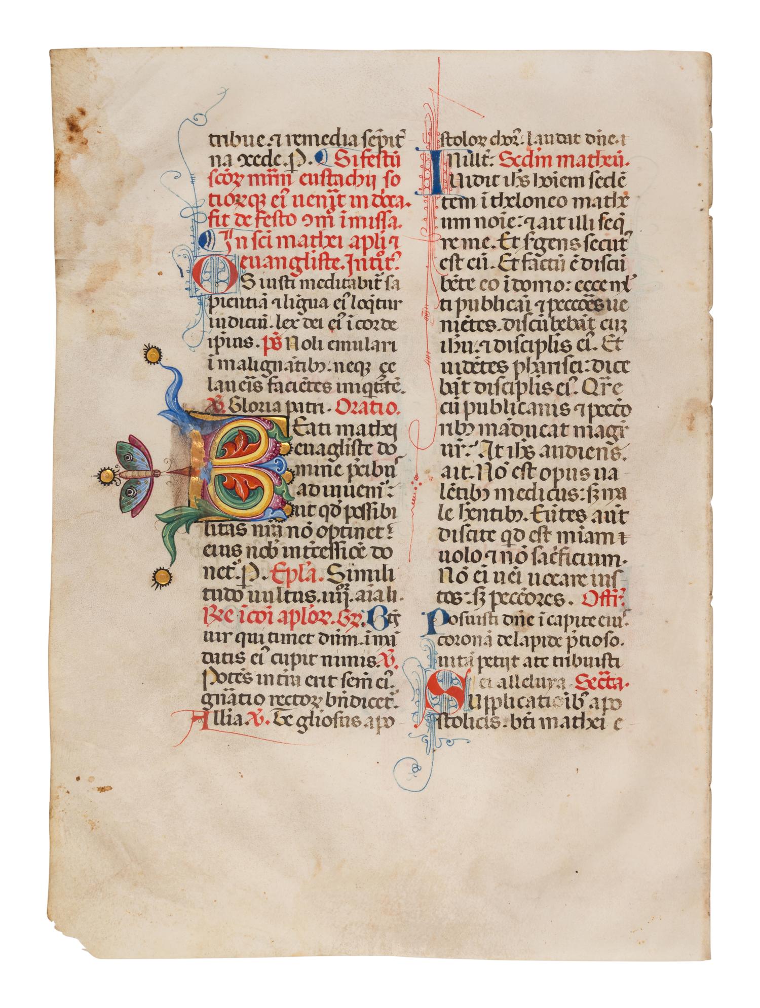 SANO DI PIETRO (Siena, 1405-1481) Two leaves from a Missal, including three historiated initials of St. Nicholas, St. Lucy, and St. Thomas, in Latin, illuminated manuscript on parchment [Italy, Siena, c. 1460-1470]