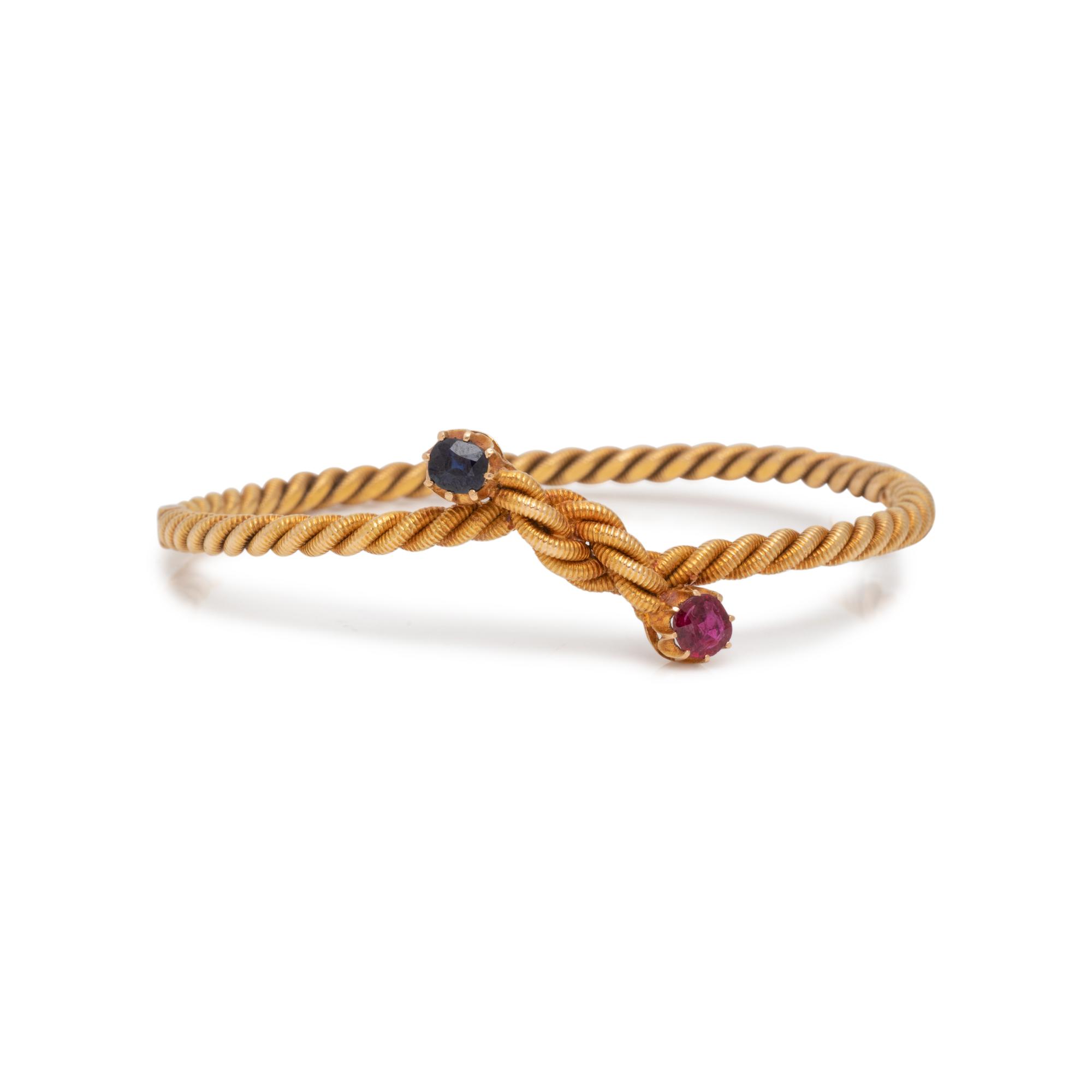 YELLOW GOLD, RUBY AND SAPPHIRE BANGLE BRACELET