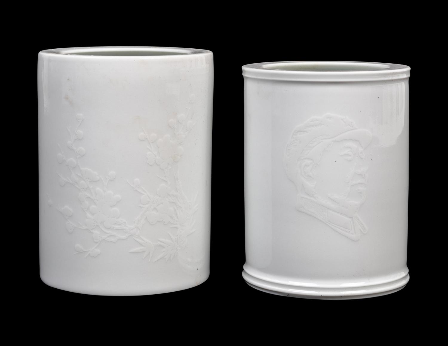 Two White Glazed Porcelain Brushpots, Bitong