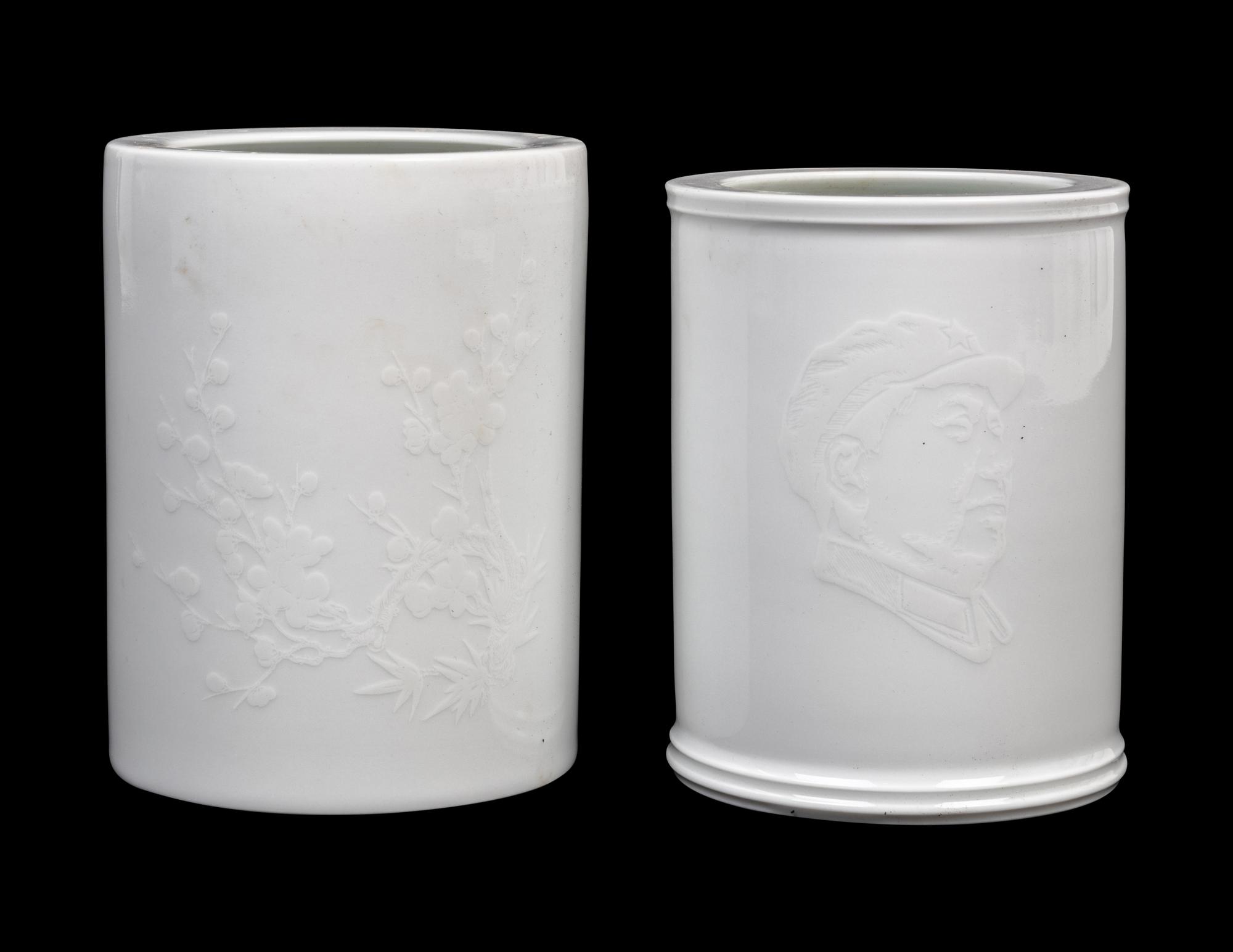 Two White Glazed Porcelain Brushpots, Bitong