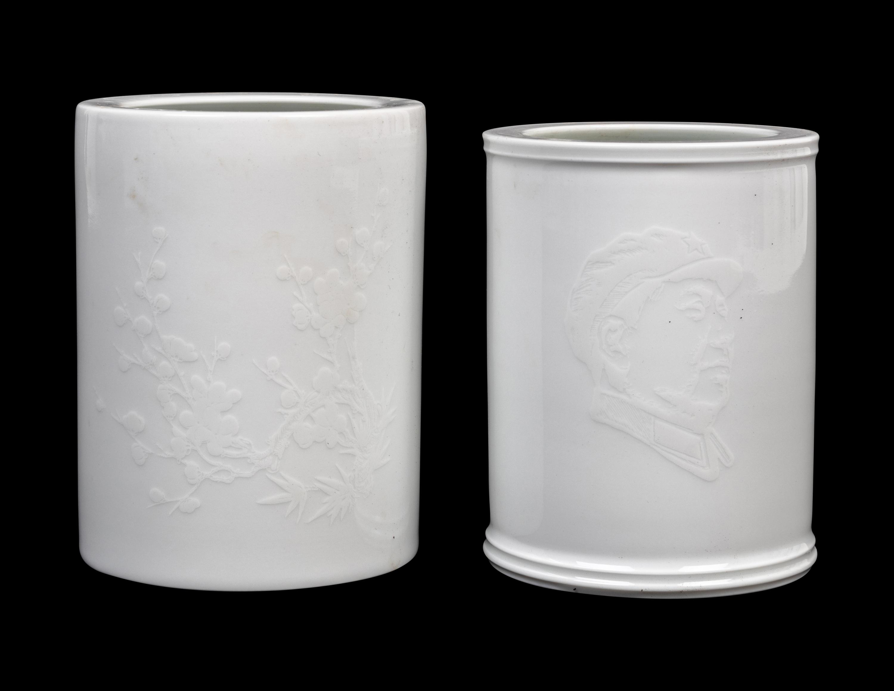 Two White Glazed Porcelain Brushpots, Bitong