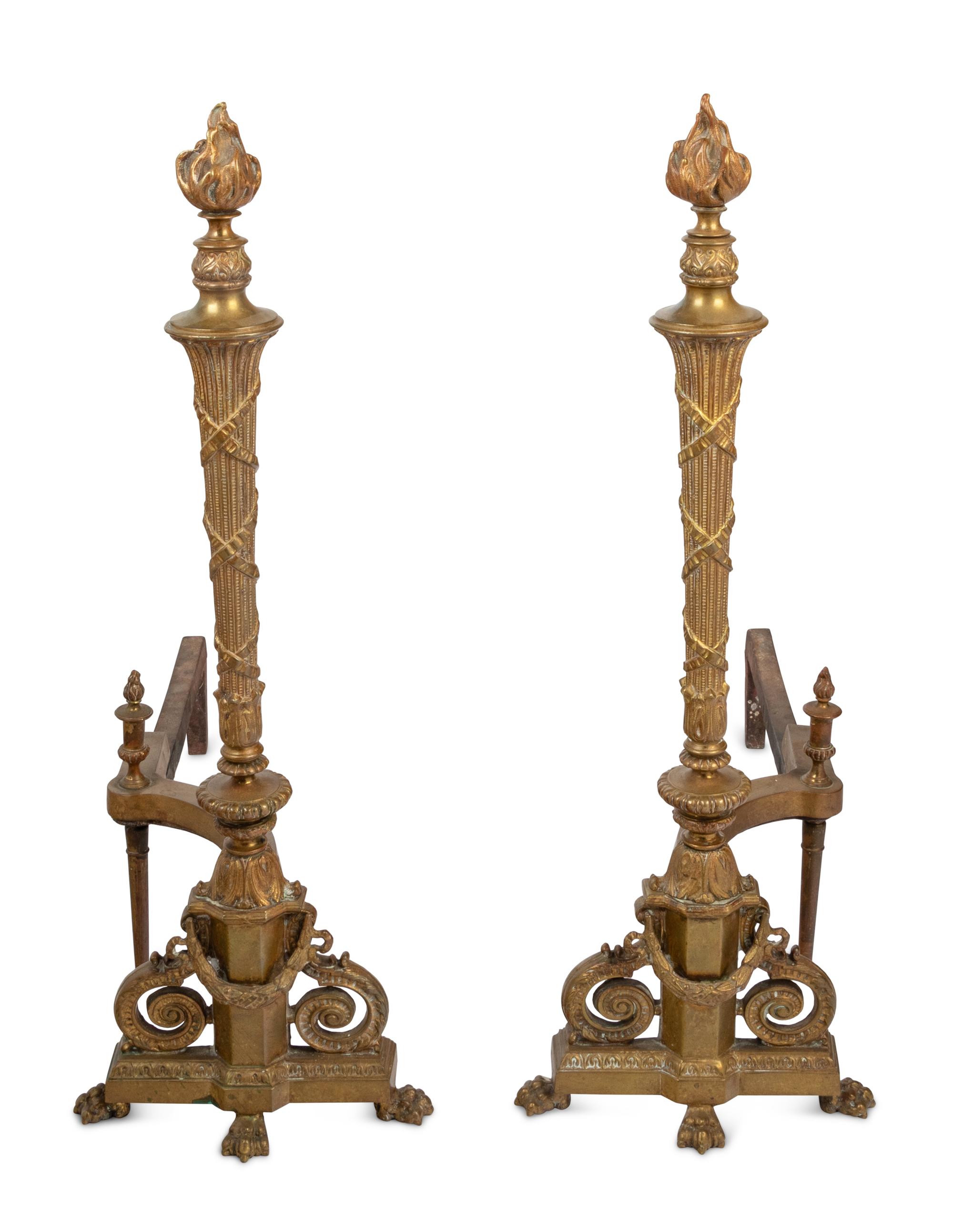 A Pair of Napoleon III Style Brass Andirons