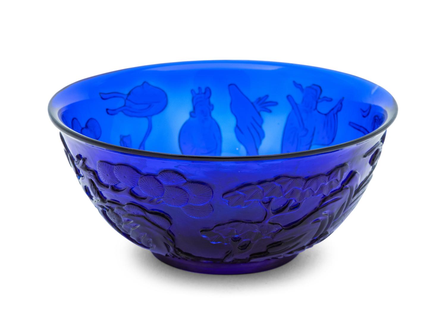 A Chinese Carved Transparent Blue Glass Bowl