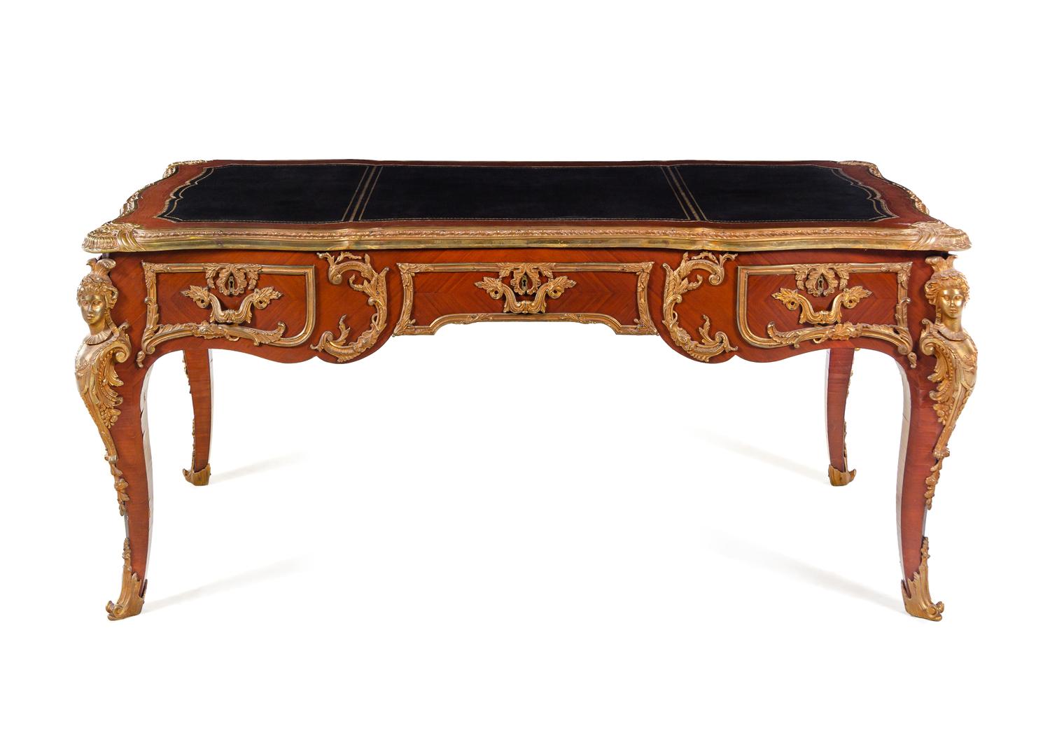A Louis XV Style Gilt Bronze Mounted Mahogany Bureau Plat