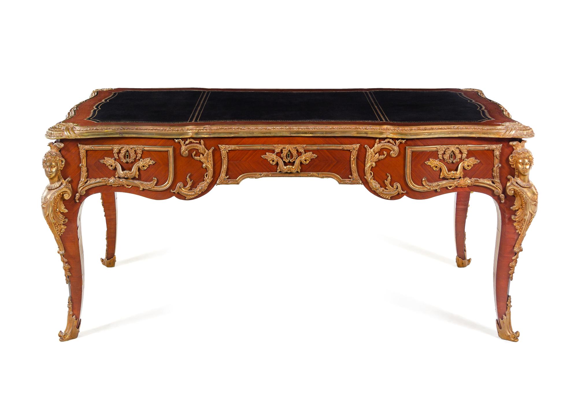 A Louis XV Style Gilt Bronze Mounted Mahogany Bureau Plat