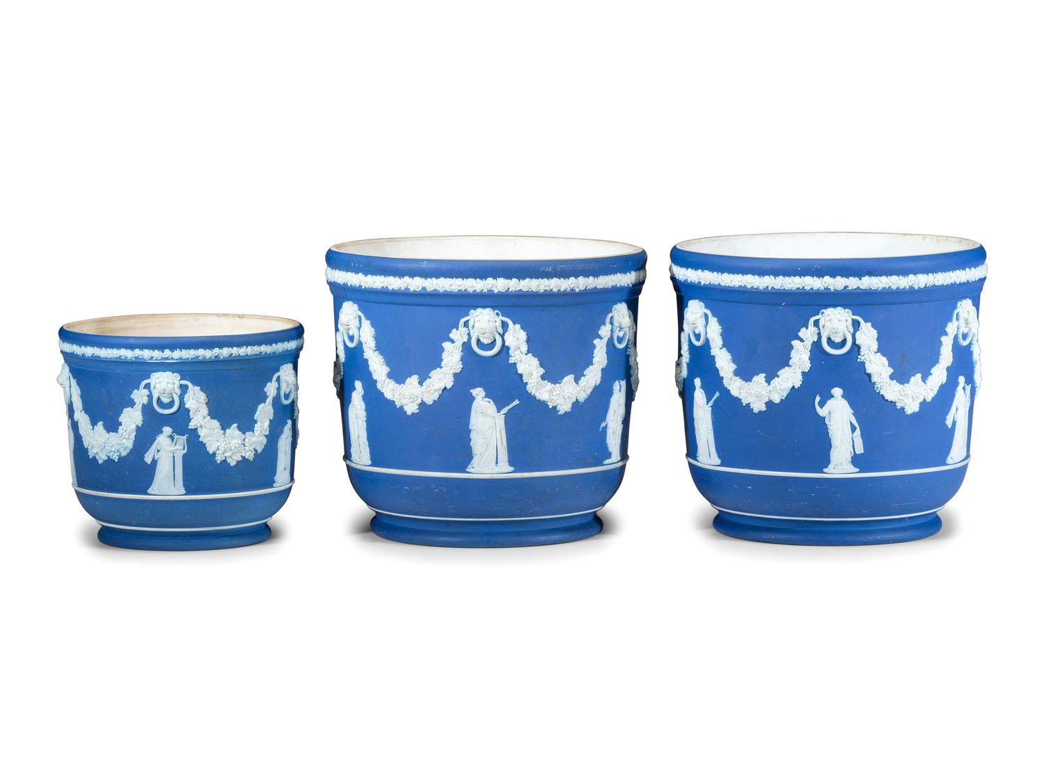 Three Wedgwood Blue Jasperware Jardinieres