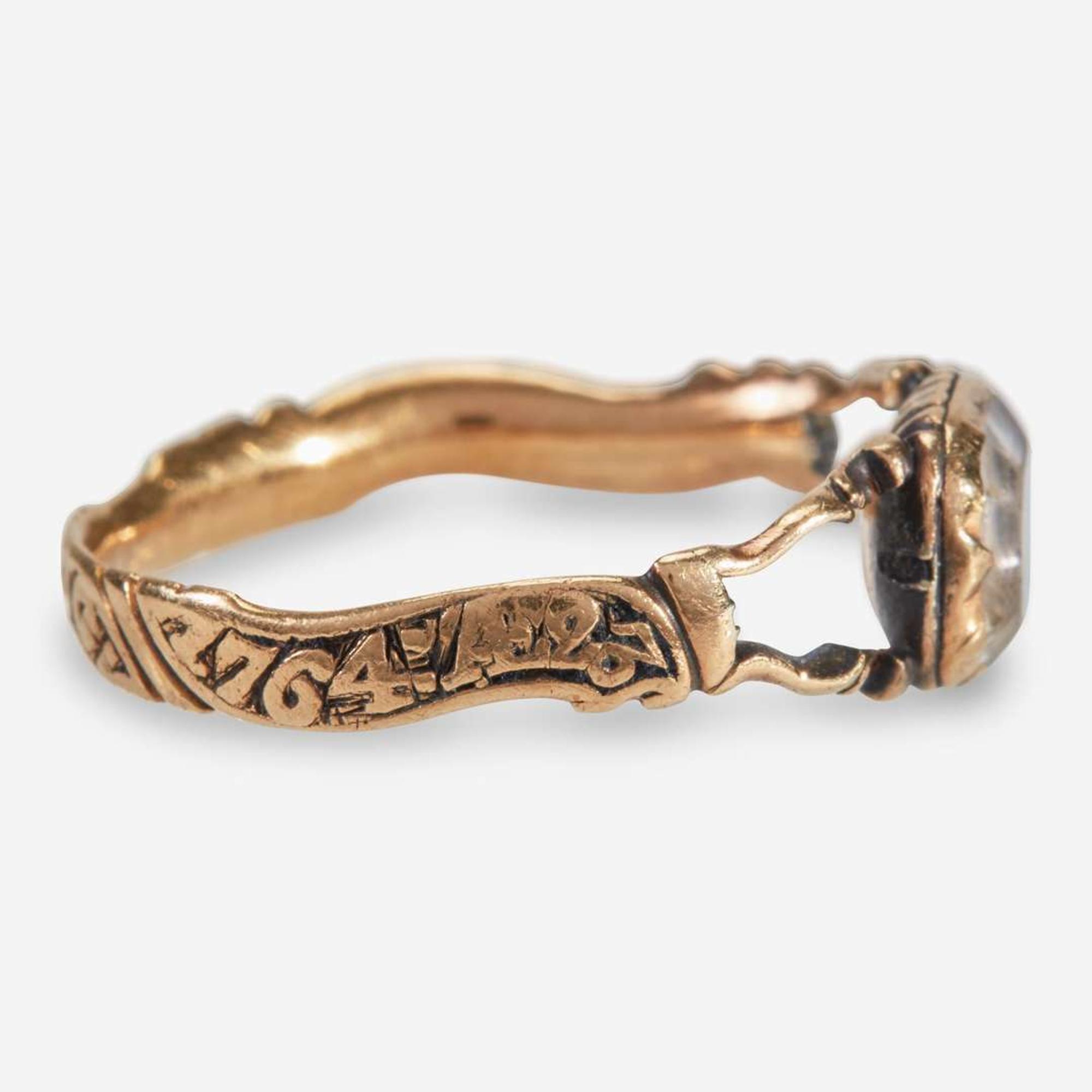 An American gold, enamel, and rock crystal mourning ring in memory of Rebecca Woodhull (1741-1764) of New Haven, CT Attributed to Richard Cutler (1736-1810), New Haven, CT, dated "1764"
