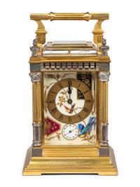 A French Silvered and Gilt Brass Porcelain-Mounted Carriage Clock