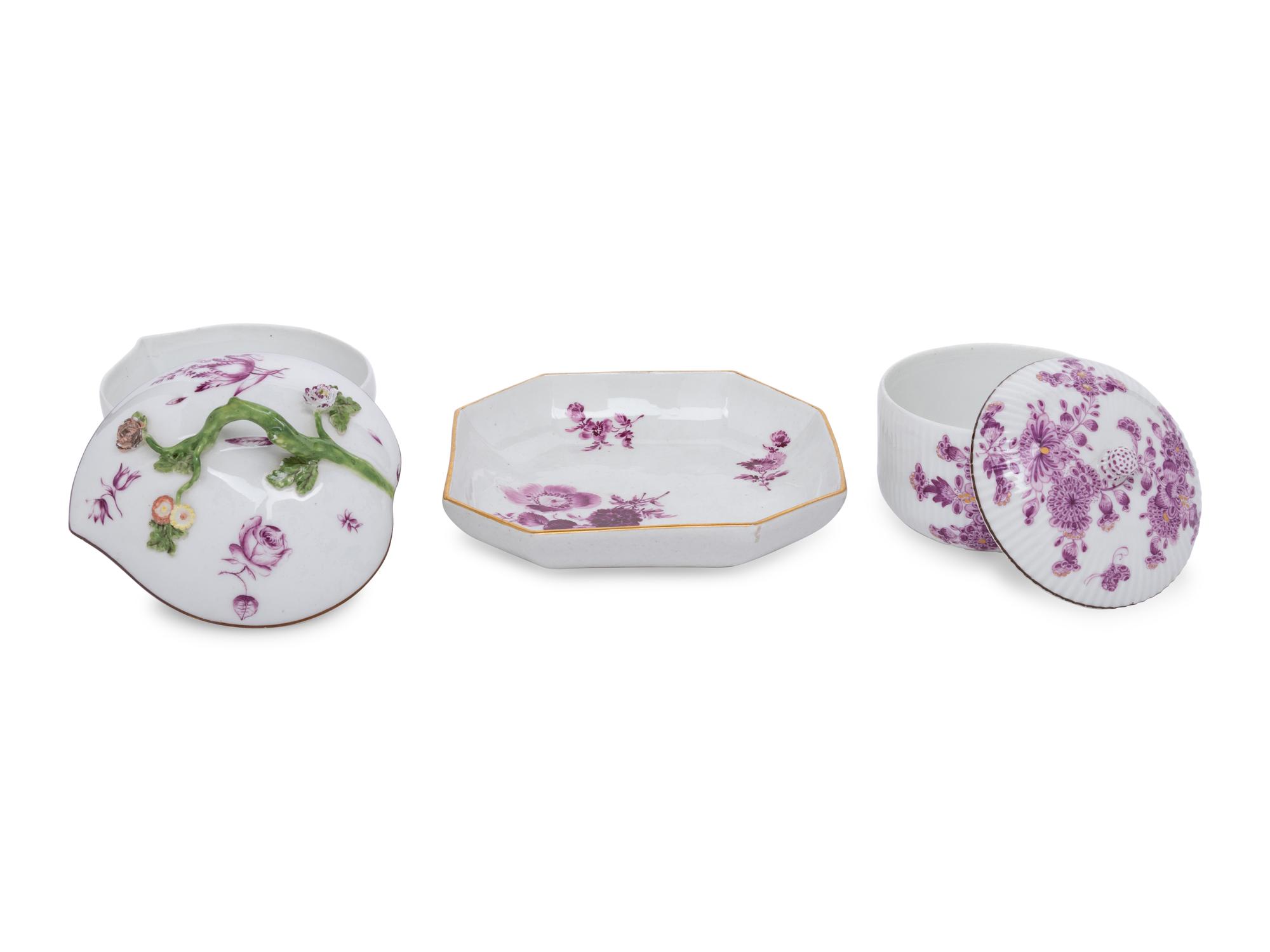 Three German Porcelain Articles with Puce Decoration