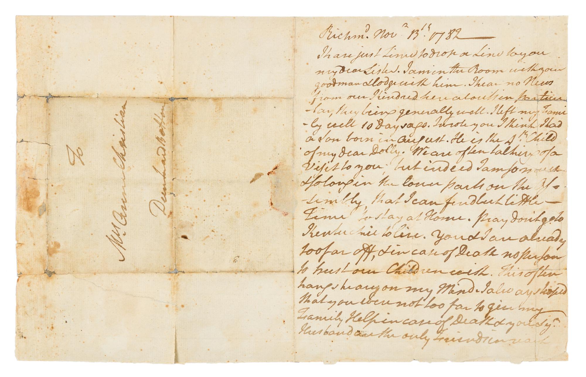 HENRY, Patrick. Autographed letter signed ("P. Henry"), to his sister Anne Christian Dunkard Botton, Richmond, 13 November 1782.