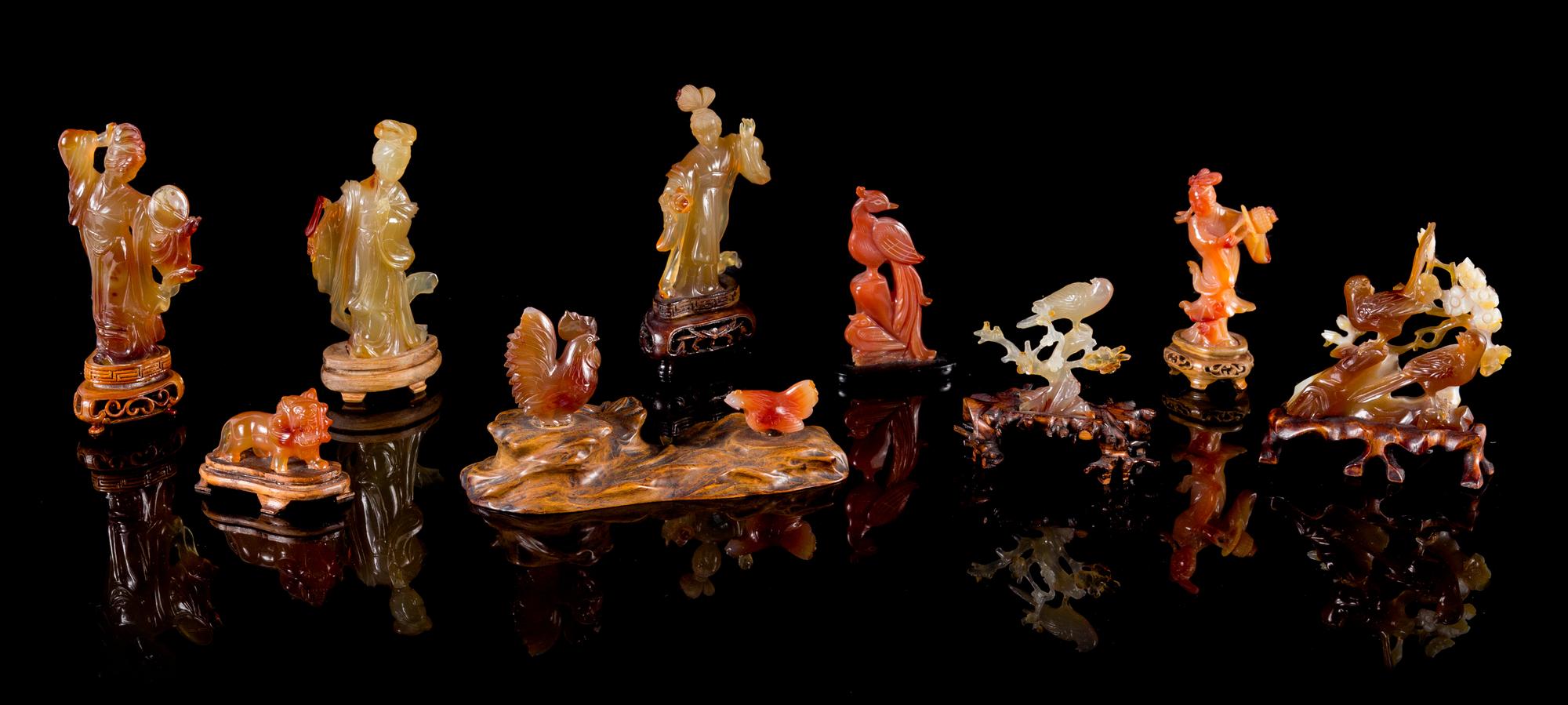 Nine Agate Carvings Height of tallest 4 1/2 inches.