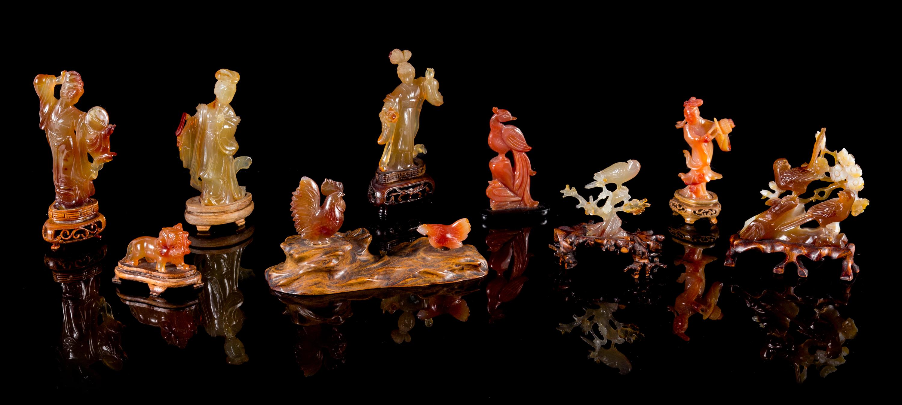 Nine Agate Carvings Height of tallest 4 1/2 inches.