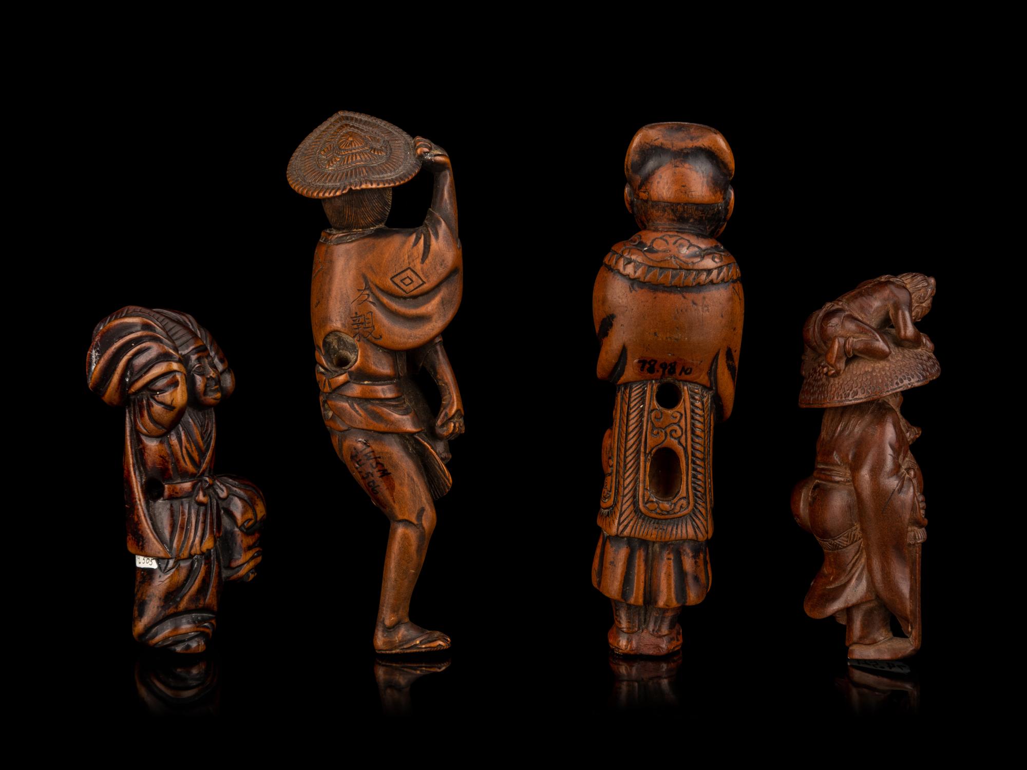 Four Large Japanese Carved Boxwood Netsuke