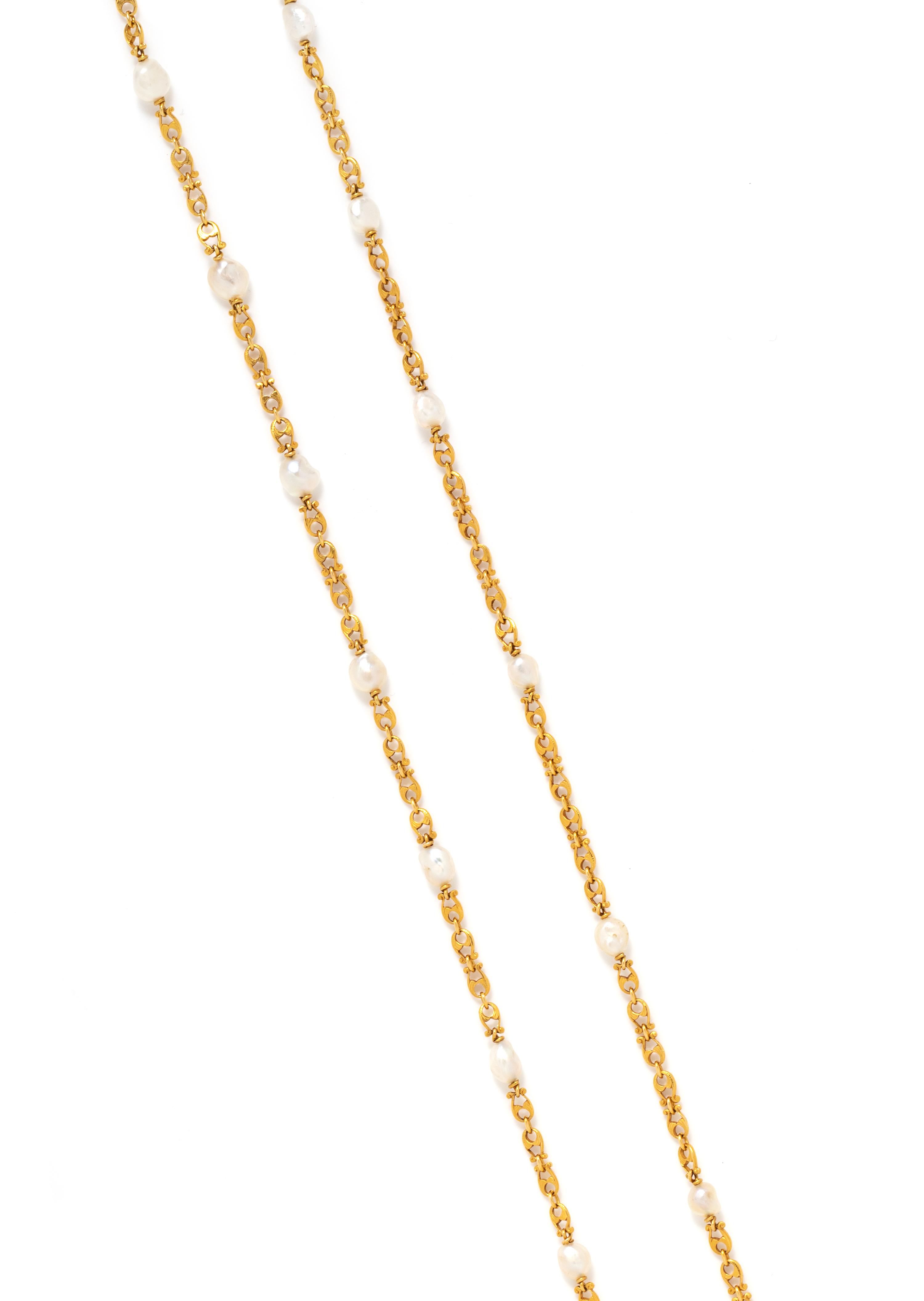 ANTIQUE, YELLOW GOLD AND PEARL LONGCHAIN NECKLACE