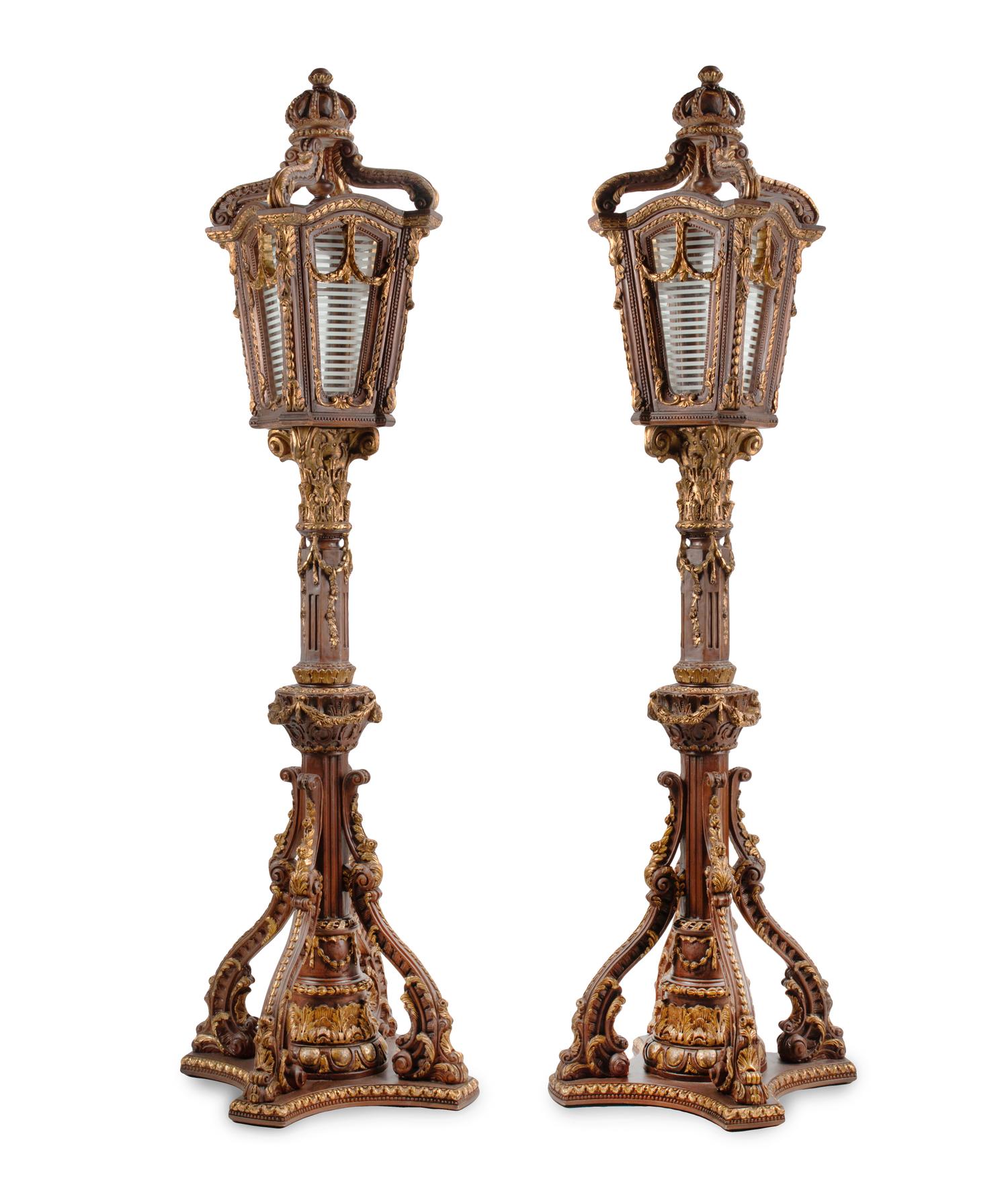 A Pair of Large Venetian Painted and Parcel Gilt Gondola Lanterns