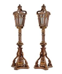 A Pair of Large Venetian Painted and Parcel Gilt Gondola Lanterns