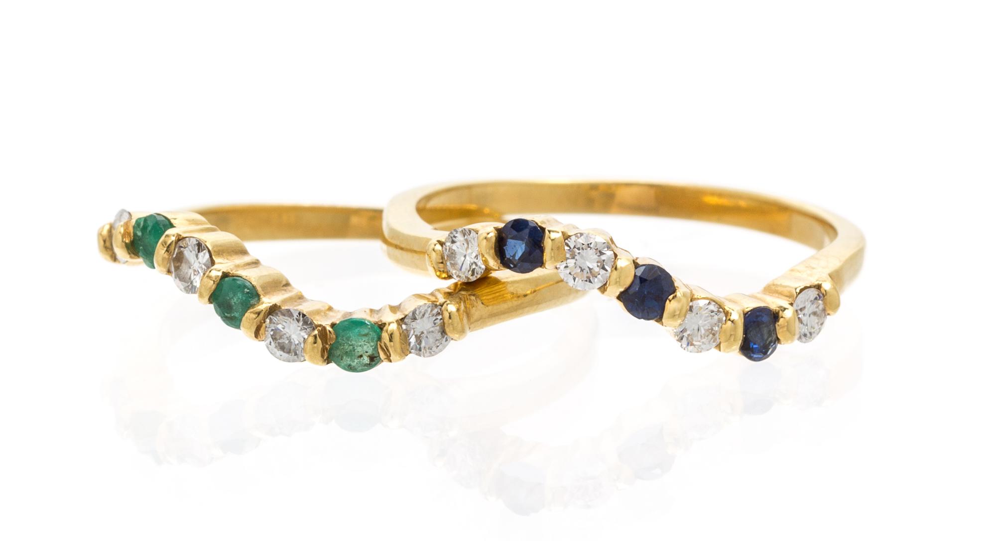 A Collection of 18 Karat Yellow Gold, Sapphire, Emerald and Diamond Stacking Rings, 2.50 dwts.