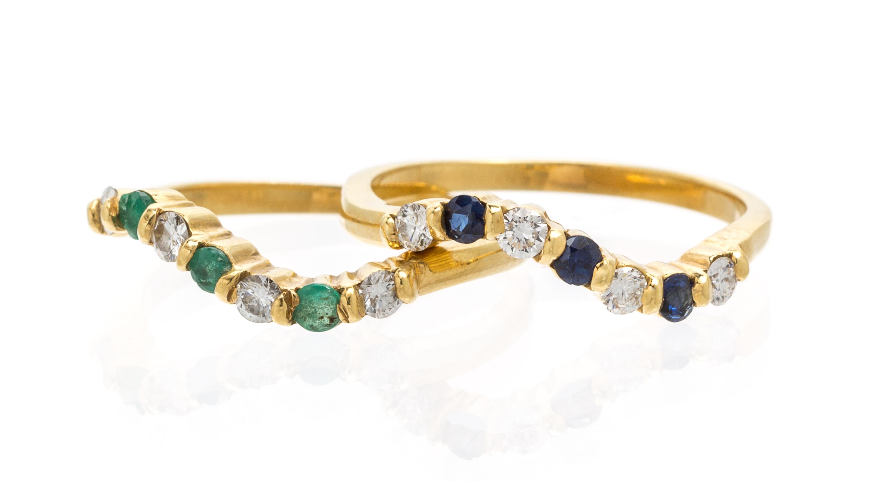 A Collection of 18 Karat Yellow Gold, Sapphire, Emerald and Diamond Stacking Rings, 2.50 dwts.