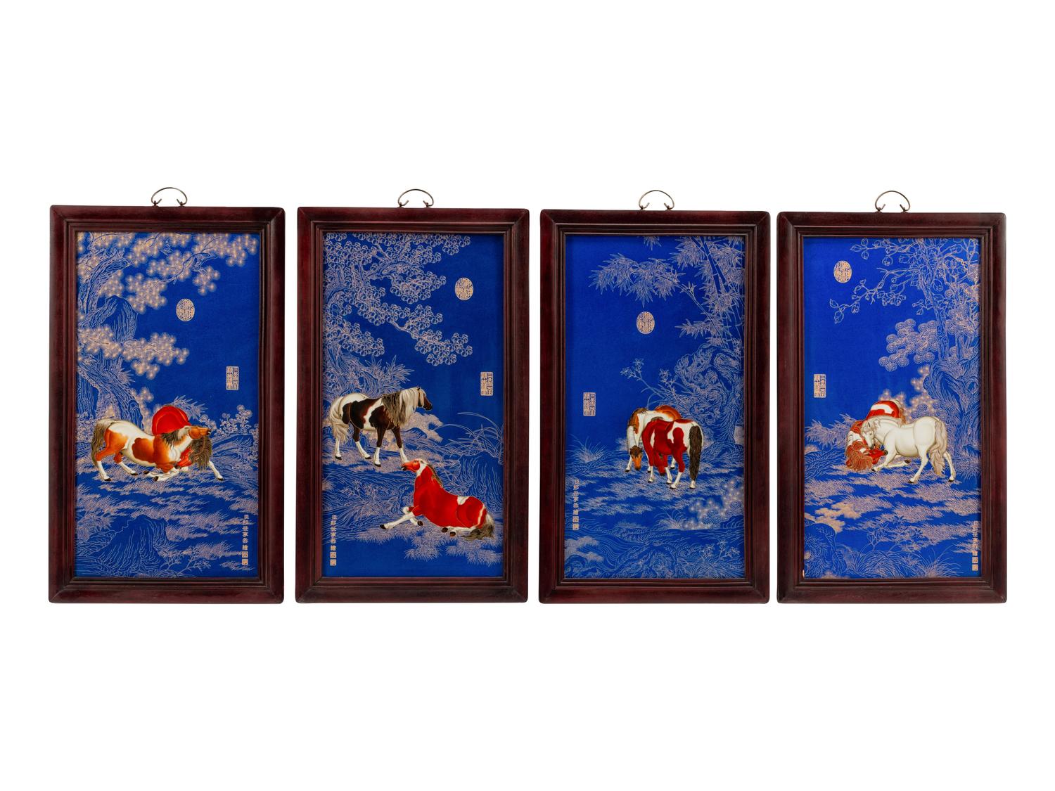 A Set of Four Chinese Export Porcelain Plaques in Hardwood Frames