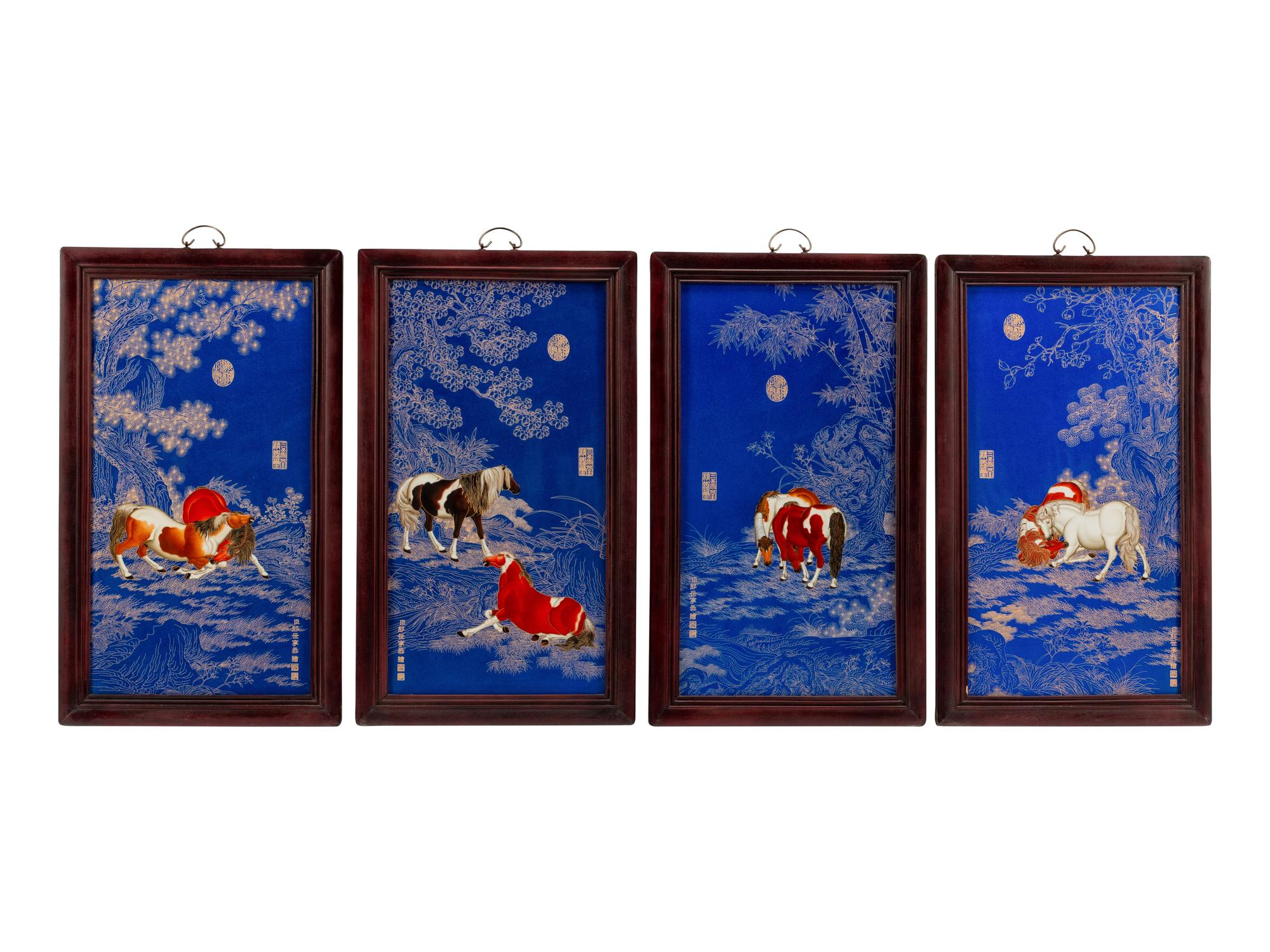 A Set of Four Chinese Export Porcelain Plaques in Hardwood Frames