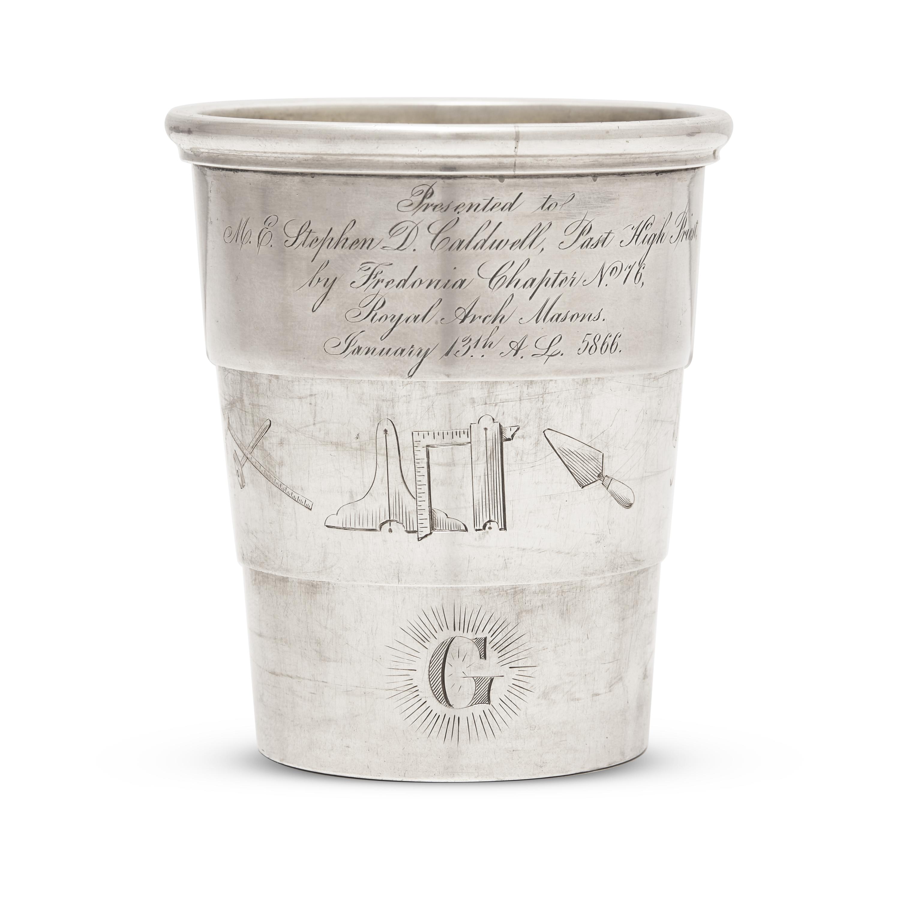 A Rare Masonic Engraved Sterling Silver Collapsible Cup Presented to M.E. Stephen D. Caldwell