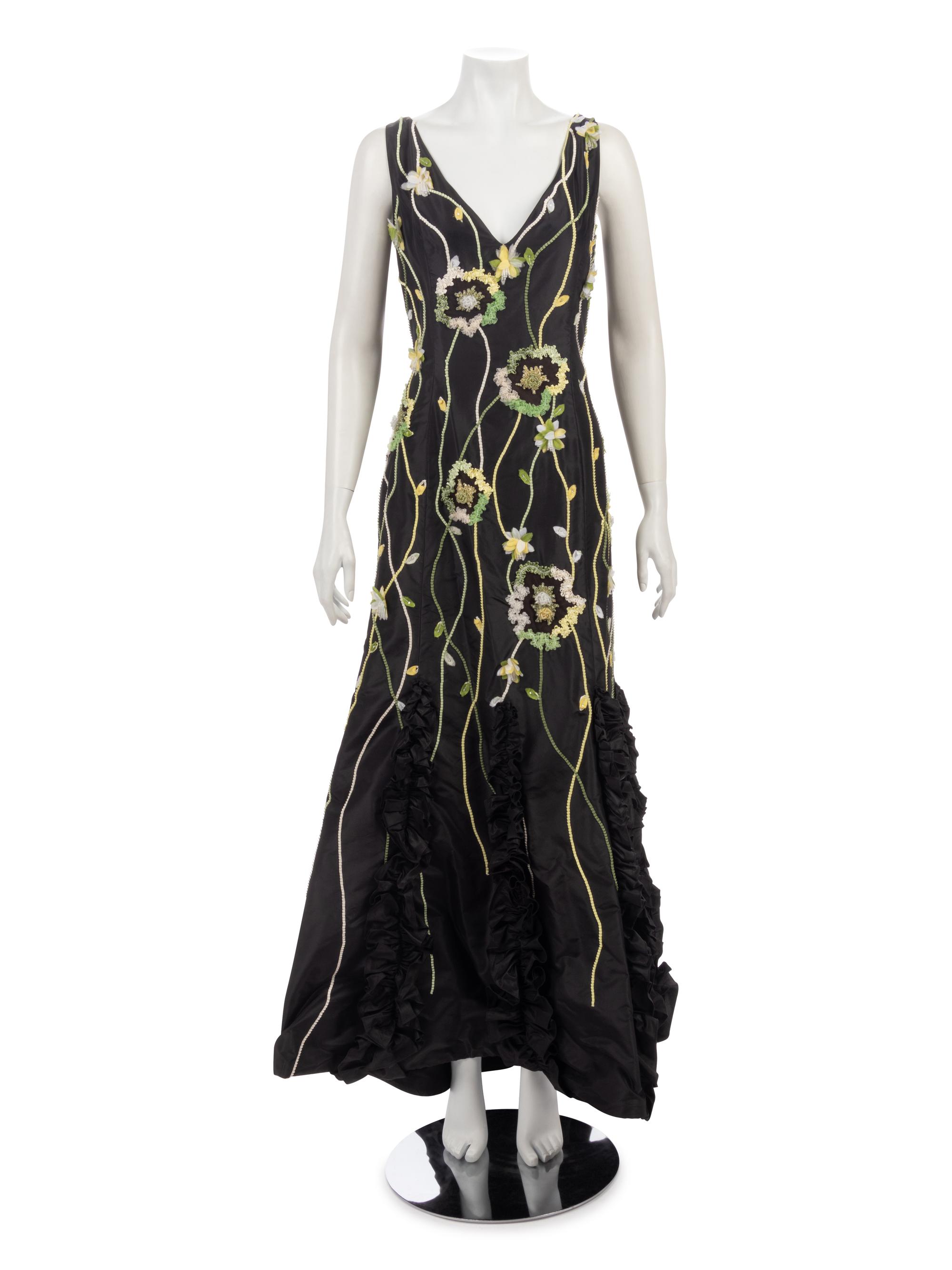 Melinda Eng Taffeta Mermaid Dress with Floral Embellishments