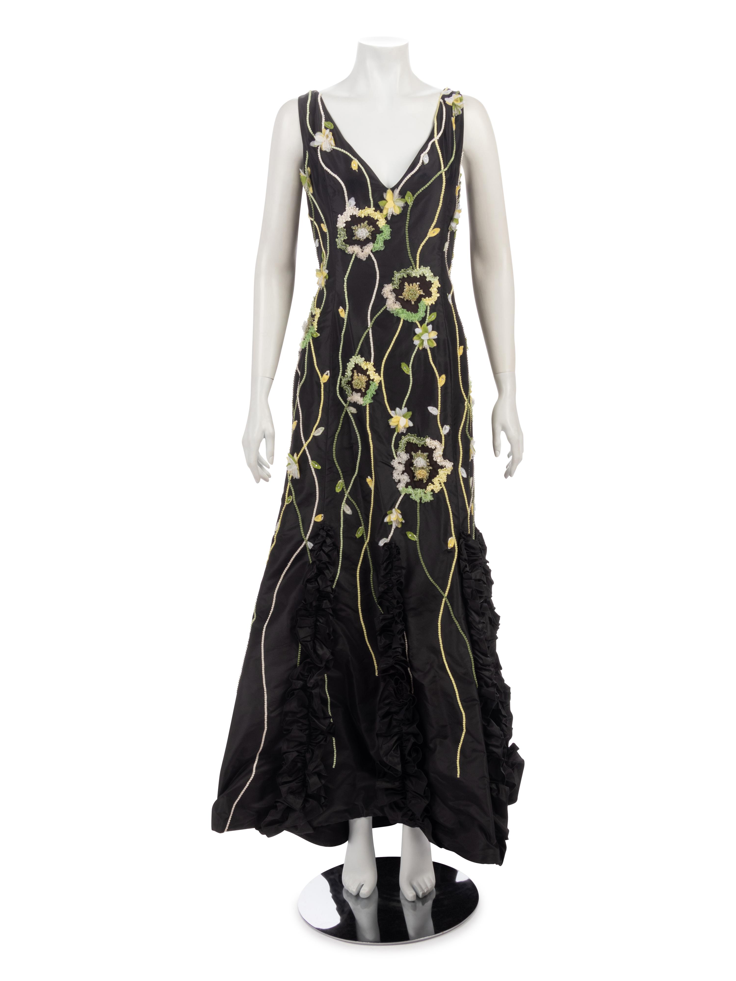 Melinda Eng Taffeta Mermaid Dress with Floral Embellishments