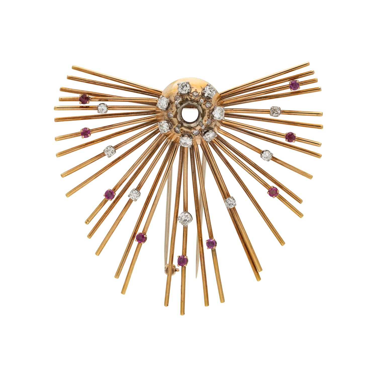 RETRO, ROSE GOLD, DIAMOND AND RUBY BROOCH