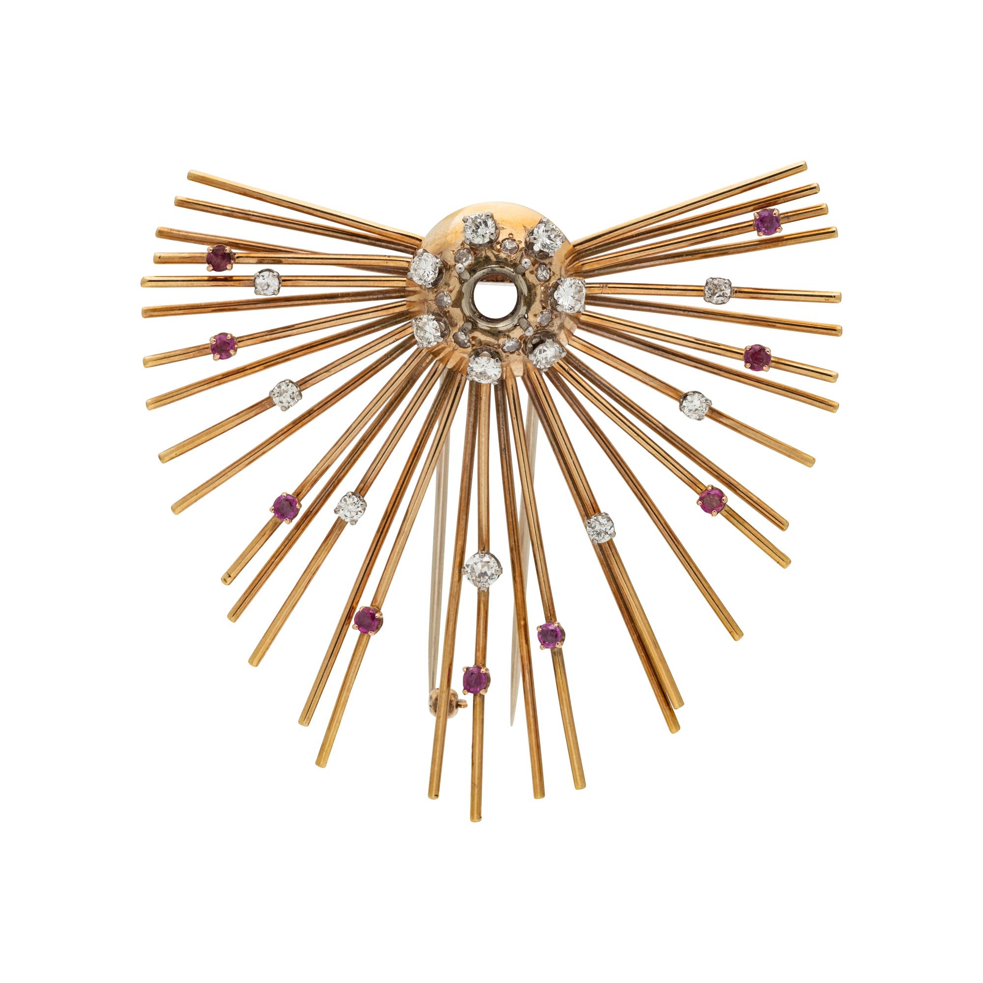 RETRO, ROSE GOLD, DIAMOND AND RUBY BROOCH