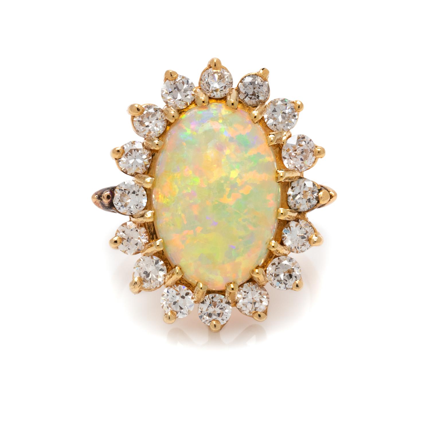 A Yellow Gold, Opal and Diamond Ring, 5.60 dwts.