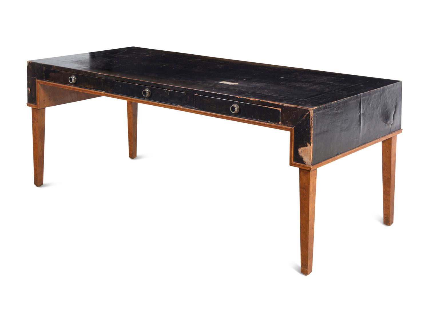 A Modernist Burlwood and Leather-Veneered Desk