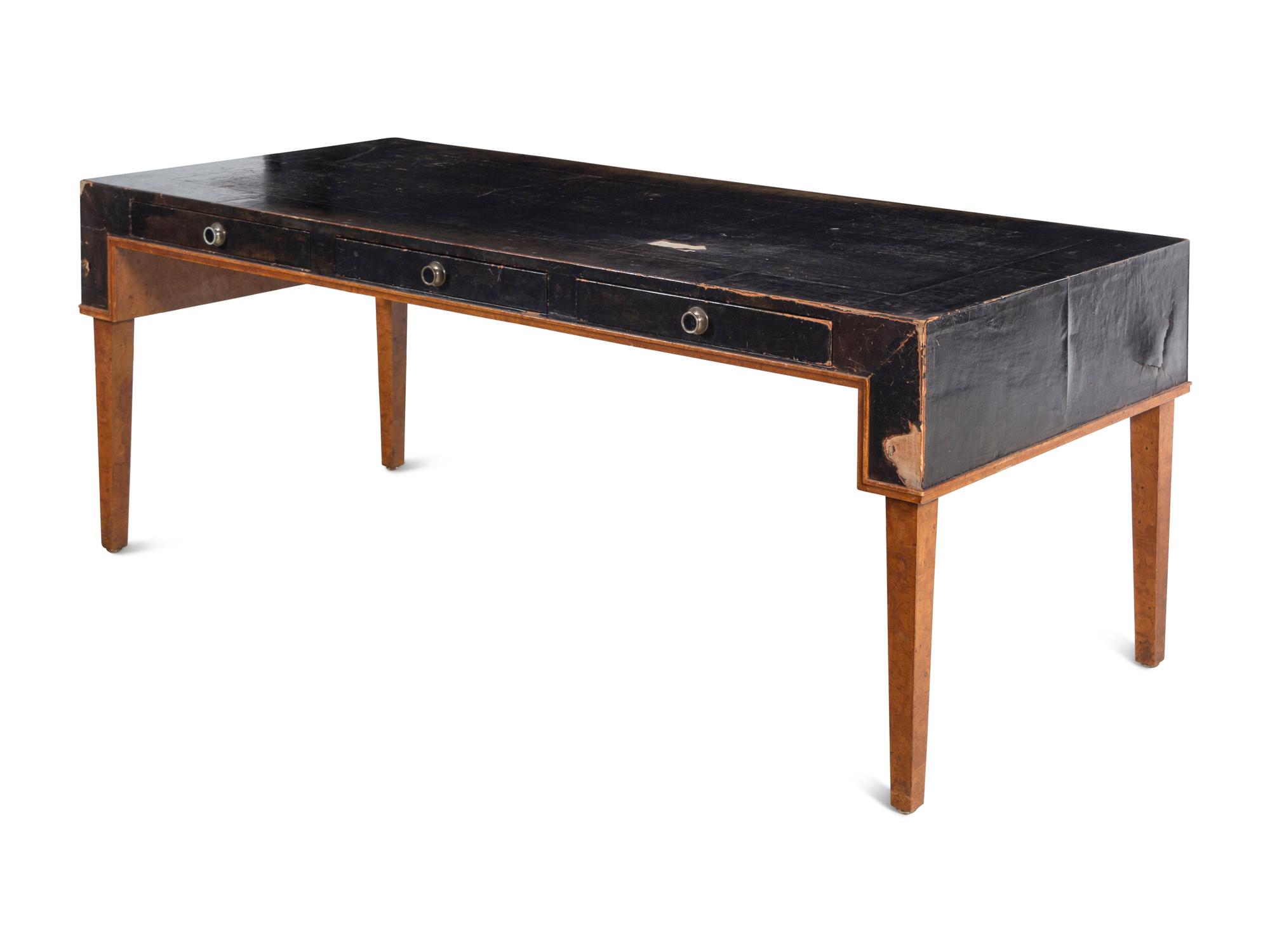 A Modernist Burlwood and Leather-Veneered Desk