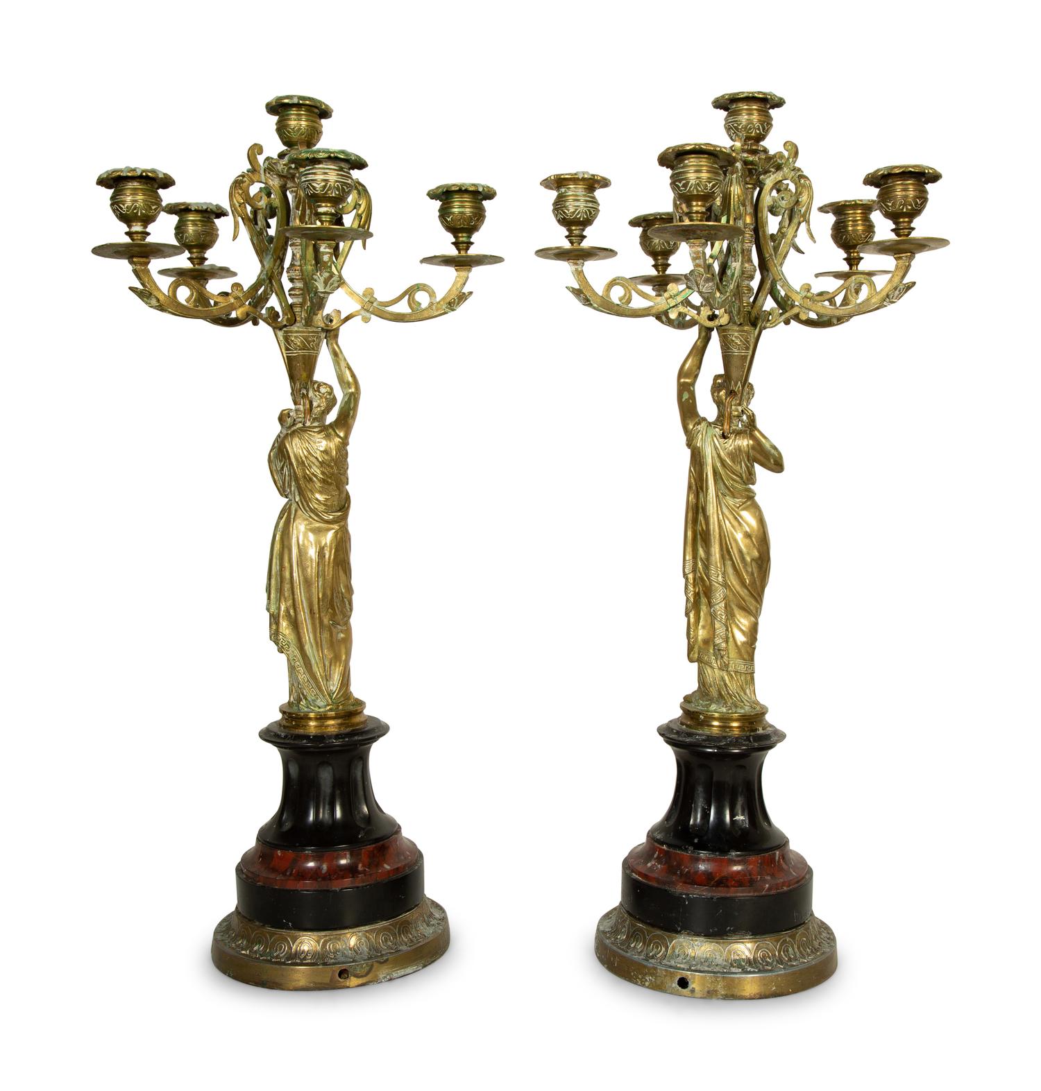 A Pair of French Gilt Bronze and Marble Six-Light Candelabra