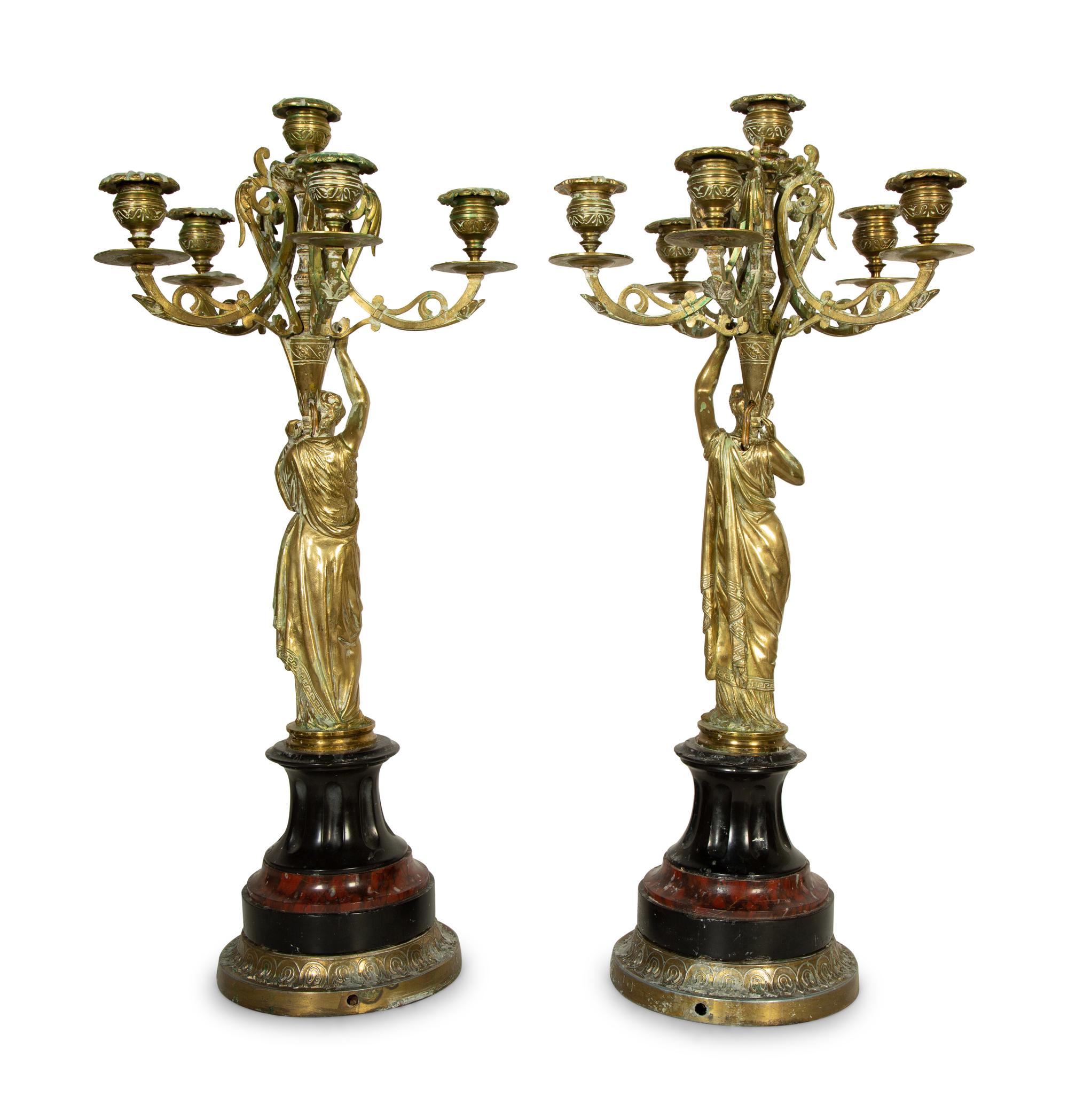 A Pair of French Gilt Bronze and Marble Six-Light Candelabra