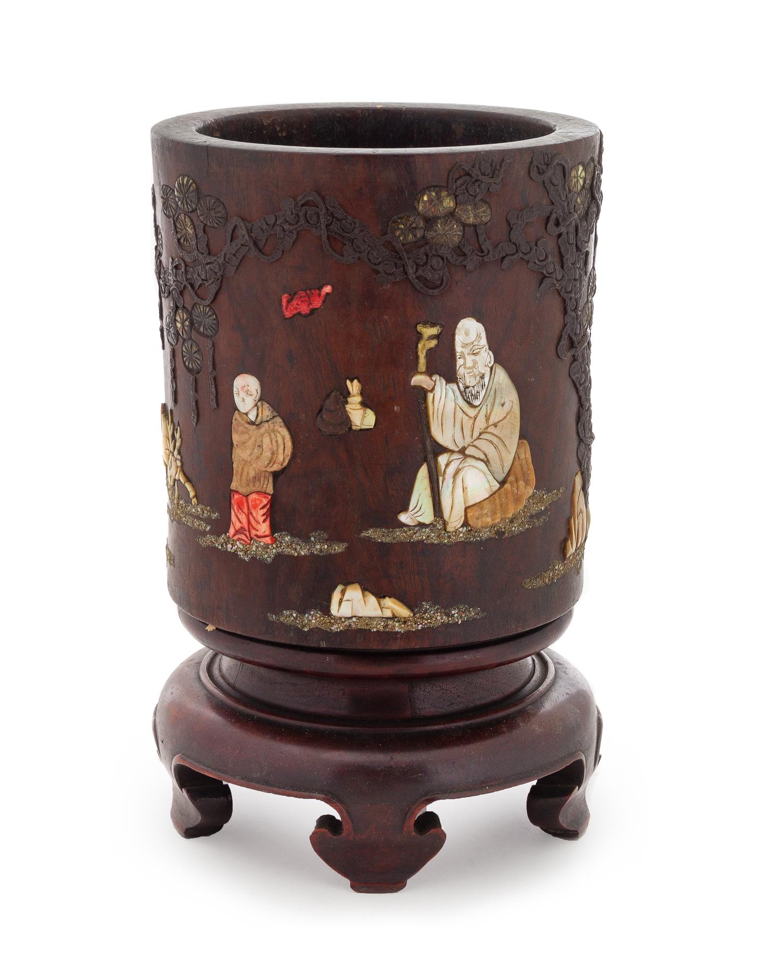 A Hardstone and Bone Embellished Hardwood Brushpot, Bitong Height 5 3/4 inches. — LATE 19TH/EARLY 20TH CENTURY