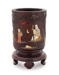 A Hardstone and Bone Embellished Hardwood Brushpot, Bitong Height 5 3/4 inches. — LATE 19TH/EARLY 20TH CENTURY
