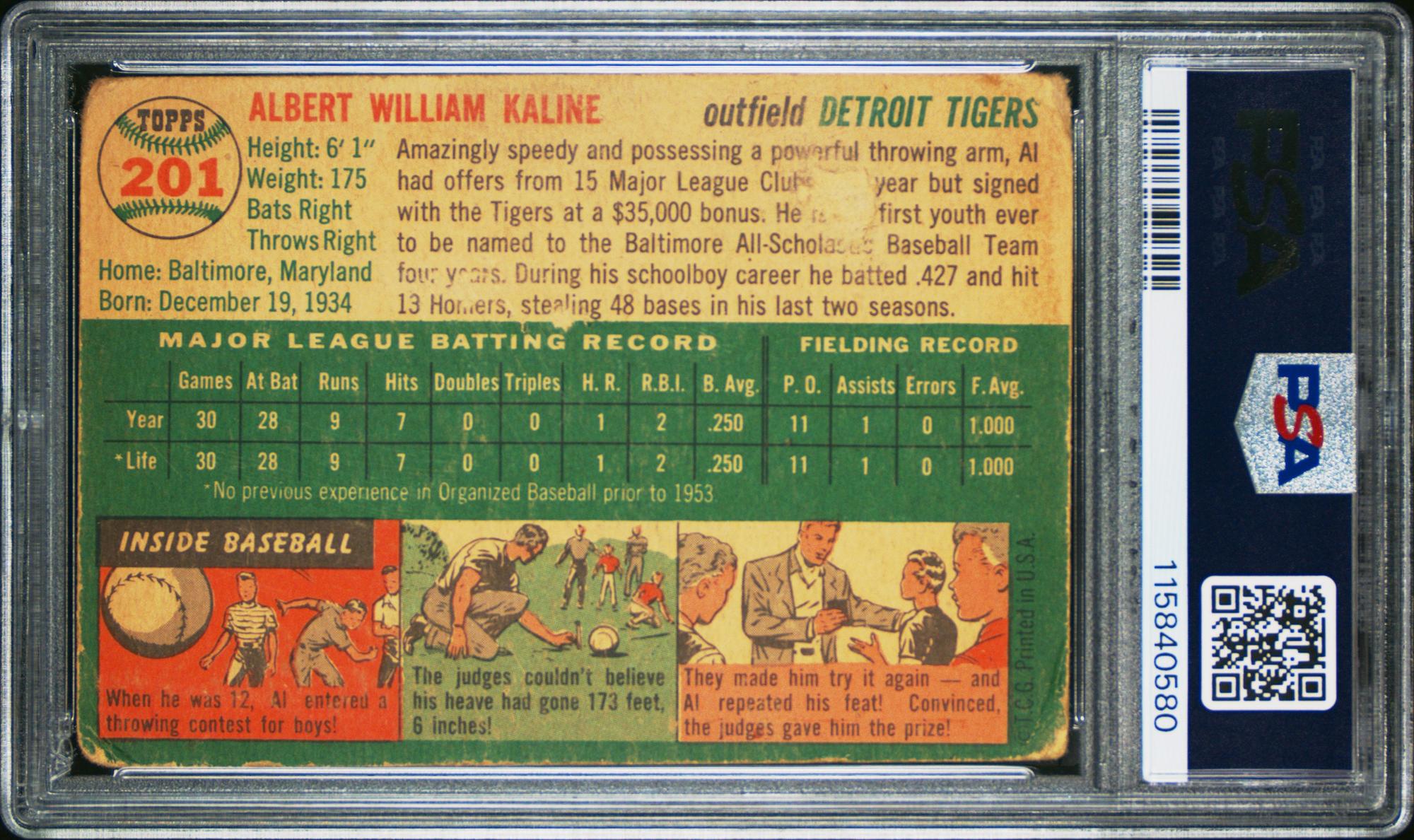 A 1954 Topps Al Kaline Rookie Baseball Card No. 201 (PSA 1)