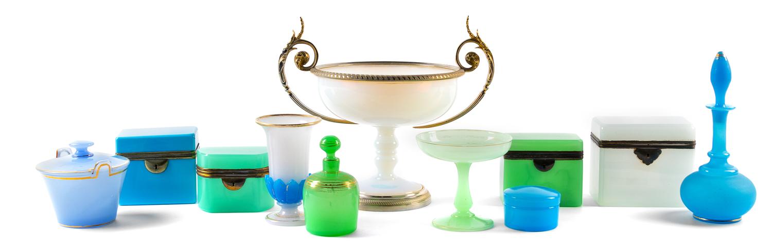 A Group of Eleven Opaline Glass Articles
