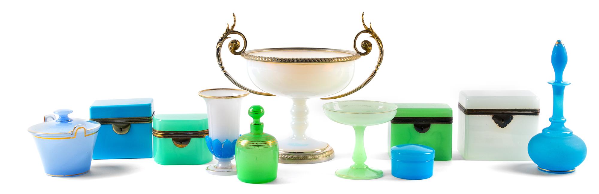 A Group of Eleven Opaline Glass Articles