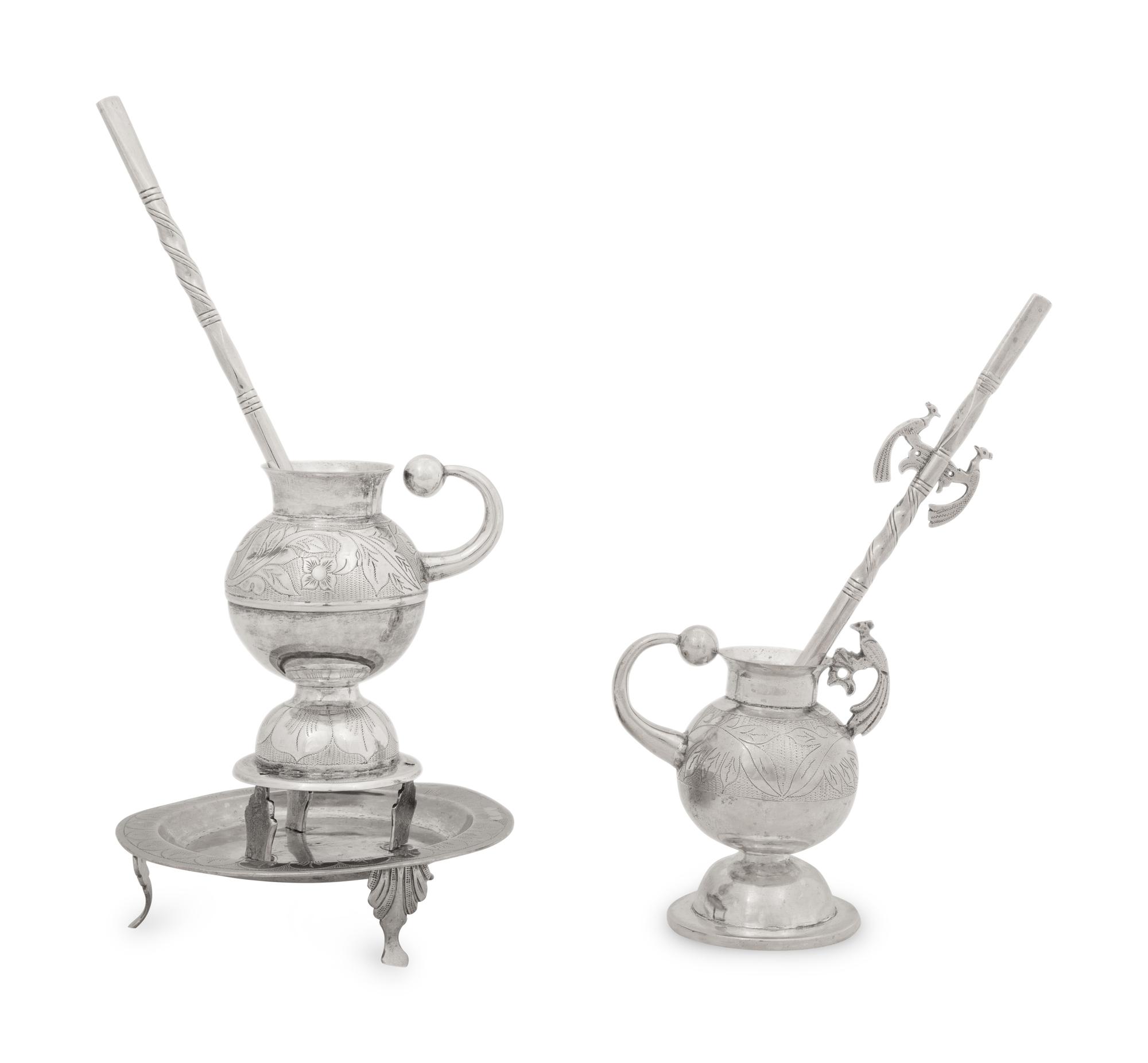 Two Chilean Silver Mate Pots