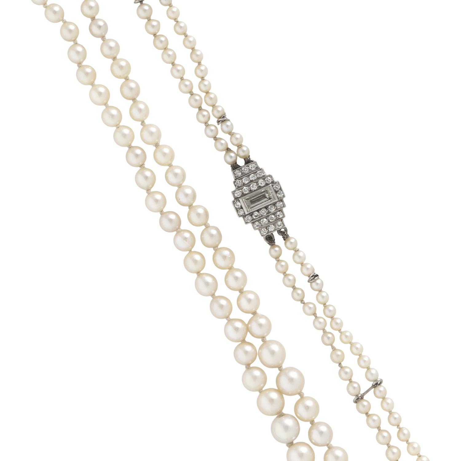 ART DECO, DOUBLE STRAND CULTURED PEARL AND DIAMOND NECKLACE