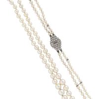 ART DECO, DOUBLE STRAND CULTURED PEARL AND DIAMOND NECKLACE