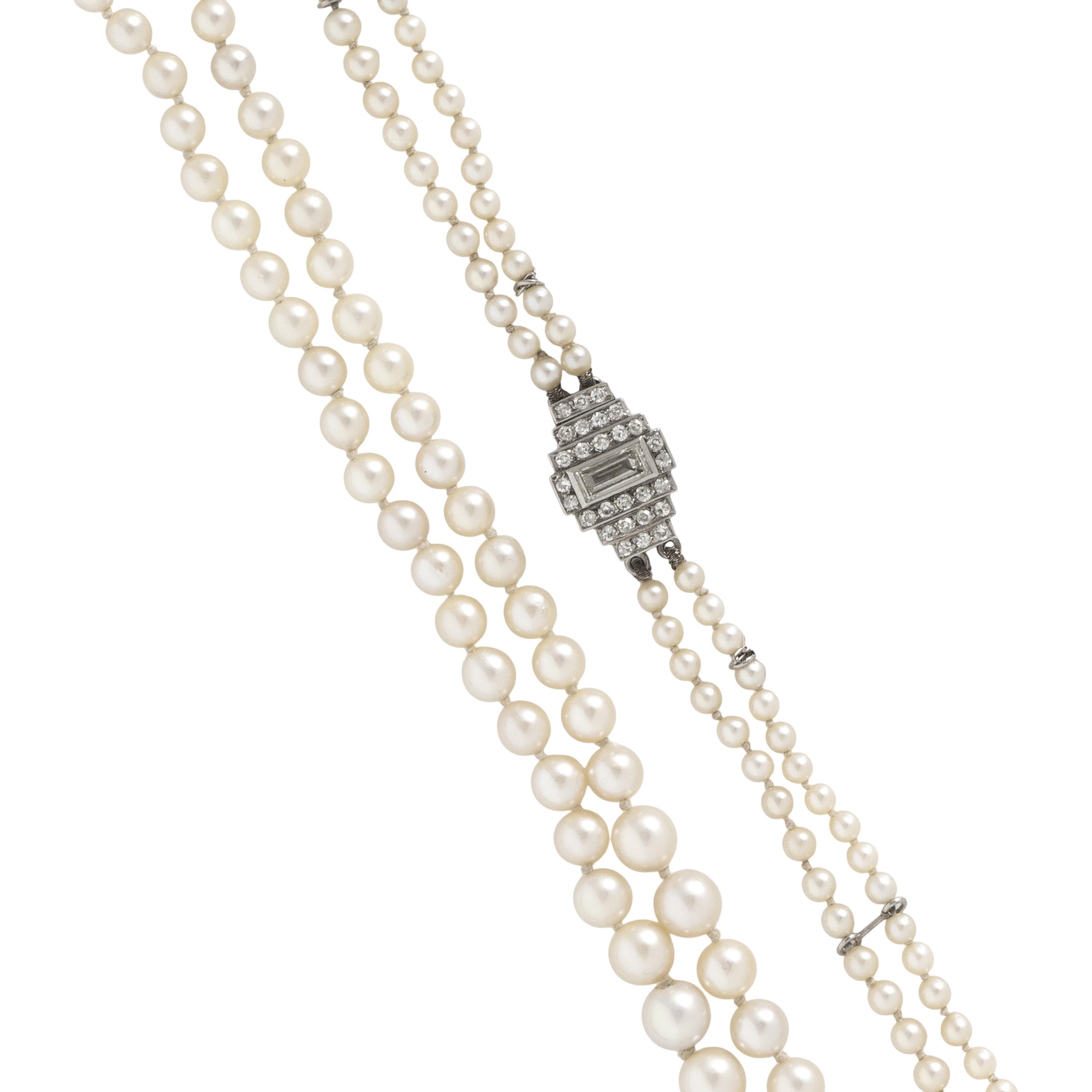ART DECO, DOUBLE STRAND CULTURED PEARL AND DIAMOND NECKLACE