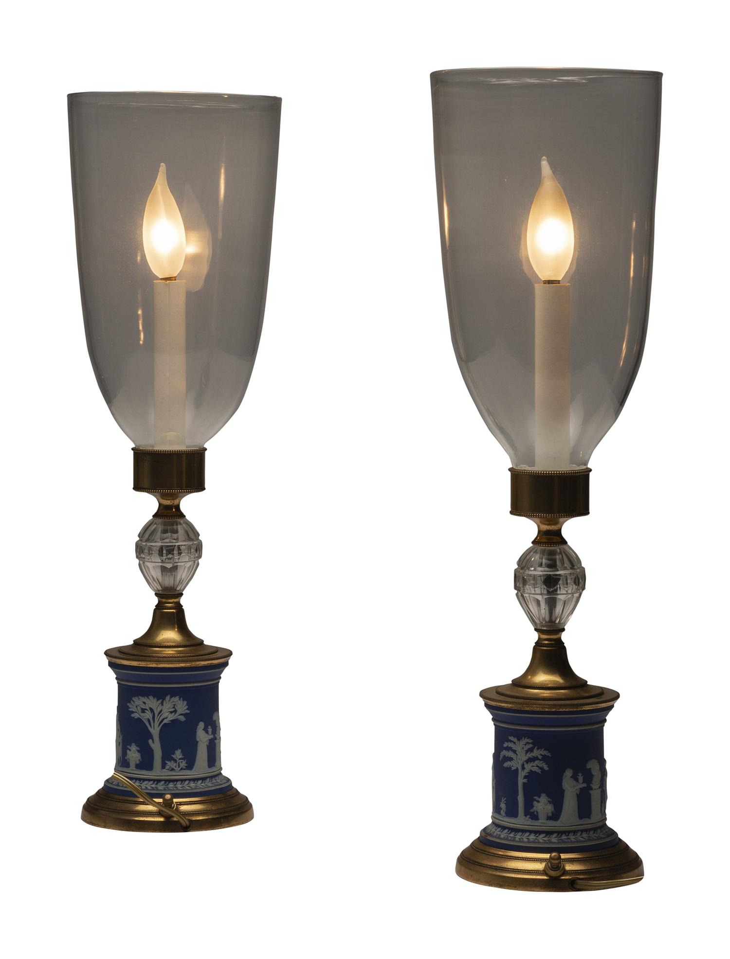 A Pair of Jasperware-Mounted Brass and Glass Hurricane Lamps