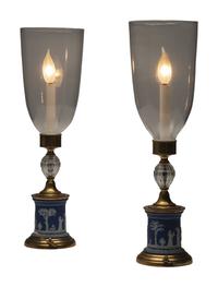 A Pair of Jasperware-Mounted Brass and Glass Hurricane Lamps